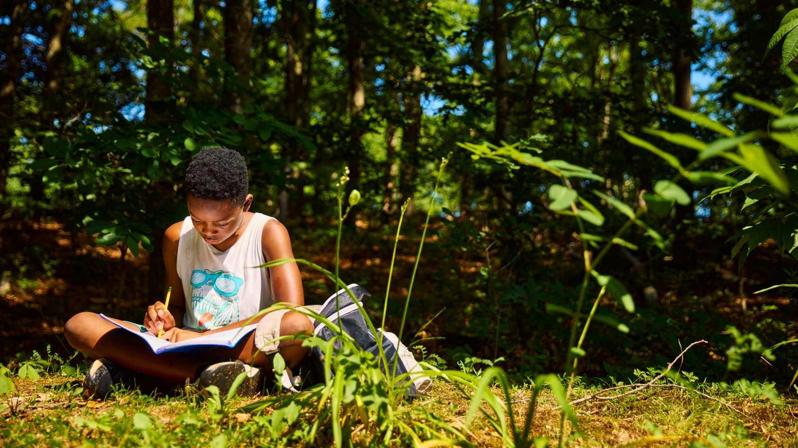 Student writing camp in the woods of Long island